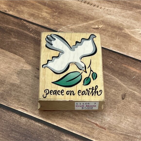 2001 HERO ARTS E2276 PEACE ON EARTH GREETING WOOD MOUNTED RUBBER STAMP DOVE - Picture 1 of 4
